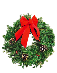 Fresh evergreen wreath featuring pinecones and a bright red bow.