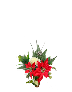 Holiday crypt arrangement featuring a mix of red poinsettias, white roses, pinecones, and gold glitter pine.
Made to fit your crypt vase.